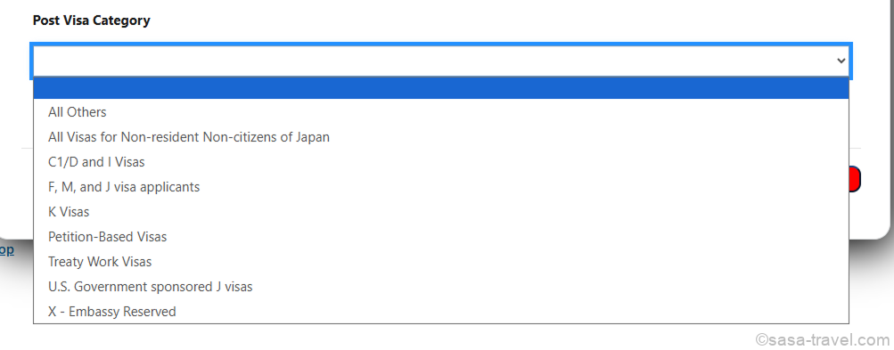B1/B2ビザ申請でPost Visa CategoryのAll Othersを選択する画面